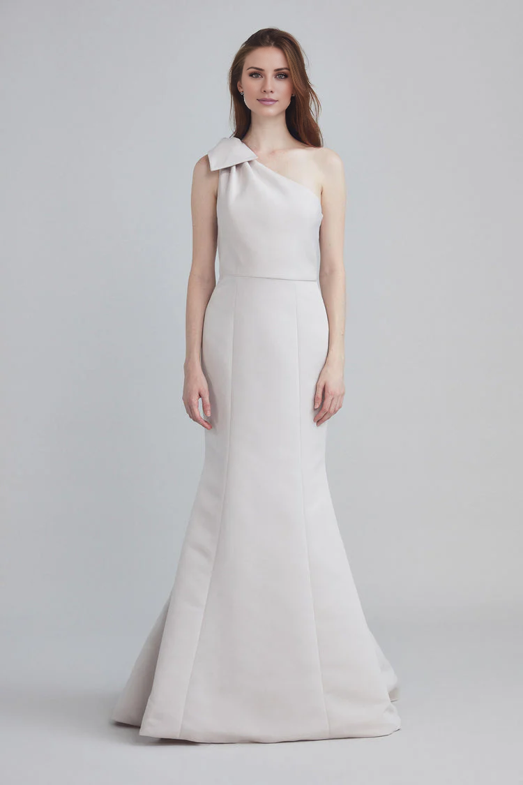 asymmetrical neckline off shoulder sleeveless bow detail backless and floor length Prom dress