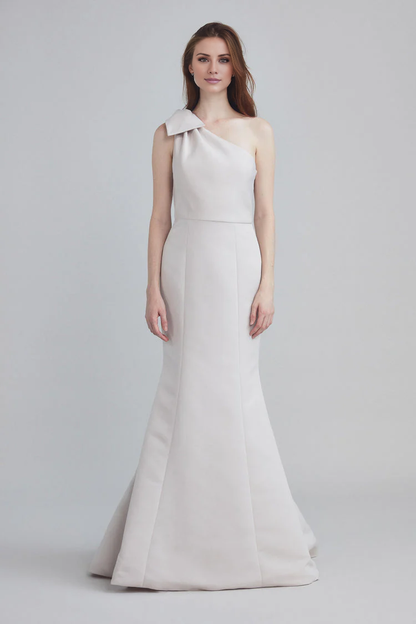 asymmetrical neckline off shoulder sleeveless bow detail backless and floor length Prom dress