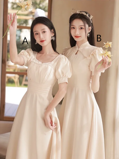 Light apricot slim waist A-line maxi bridesmaid dress R6108