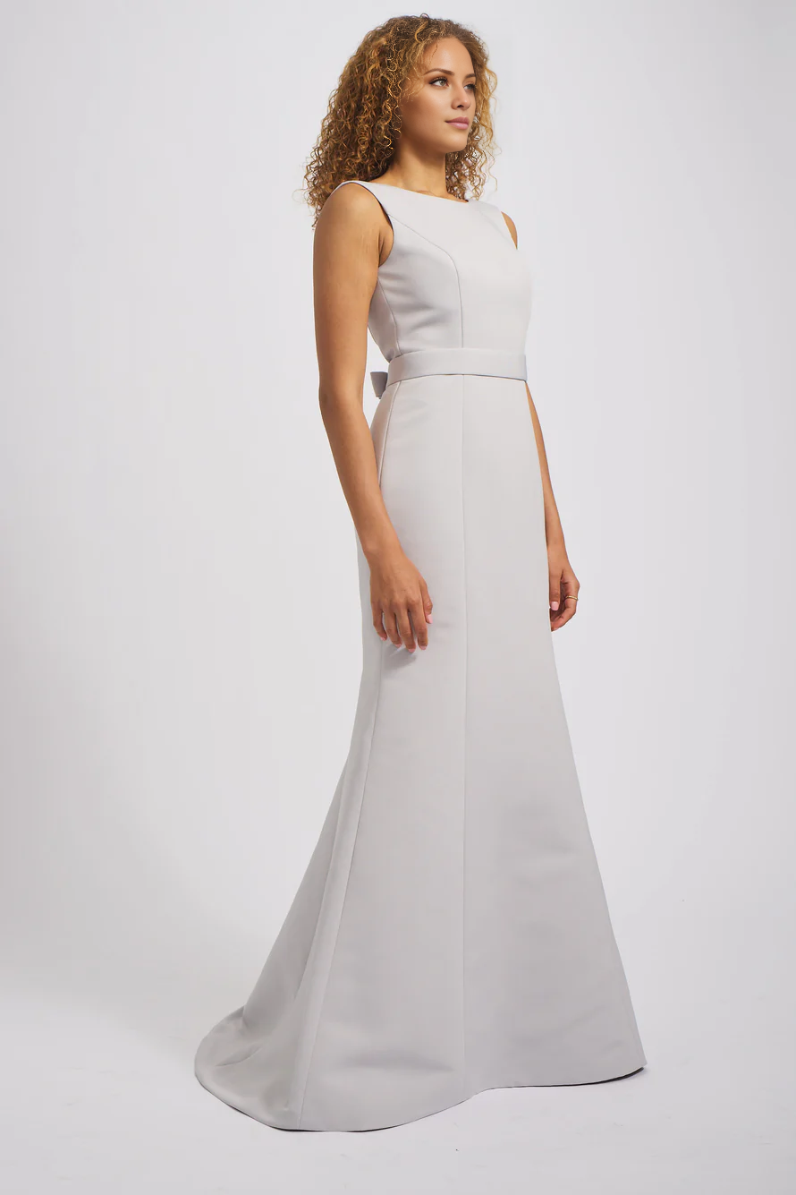 boat neckline off shoulder sleeveless bow detail backless and floor length Prom dress