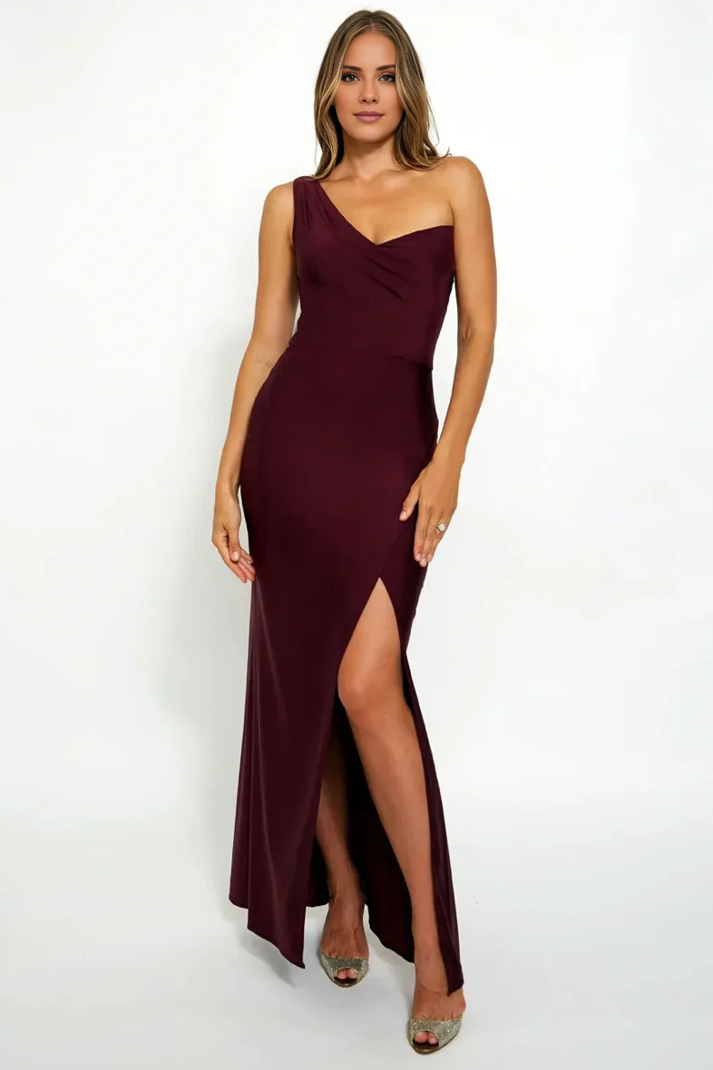 asymmetrical collar off shoulder sleeveless backless side slit and floor length evening dress