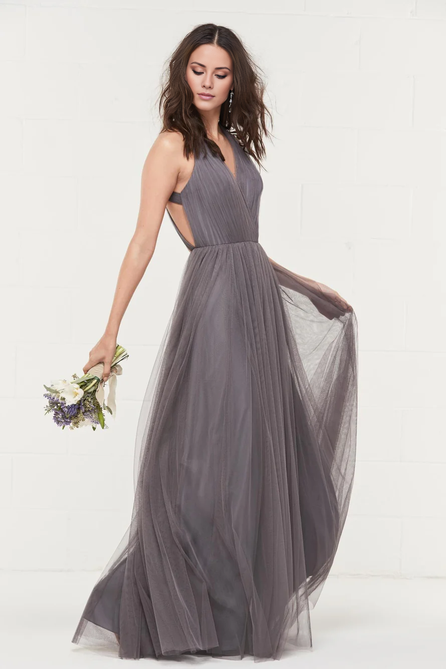 V collar off shoulder sleeveless pleated chiffon backless and floor length Prom dress