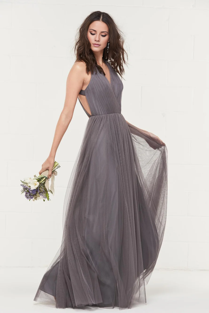 V collar off shoulder sleeveless pleated chiffon backless and floor length Prom dress