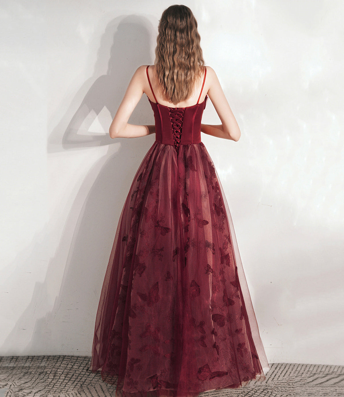 Burgundy tulle long prom dress A line evening gown  10374