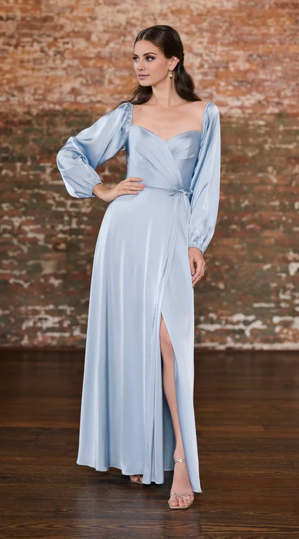 square neckline off shoulder long sleeved backless side slit and floor length Prom dress