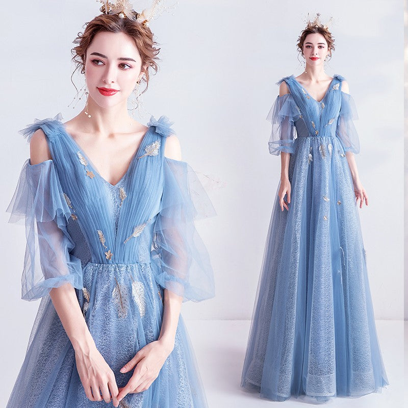 Blue v neck tulle long prom dress A line evening dress  10144