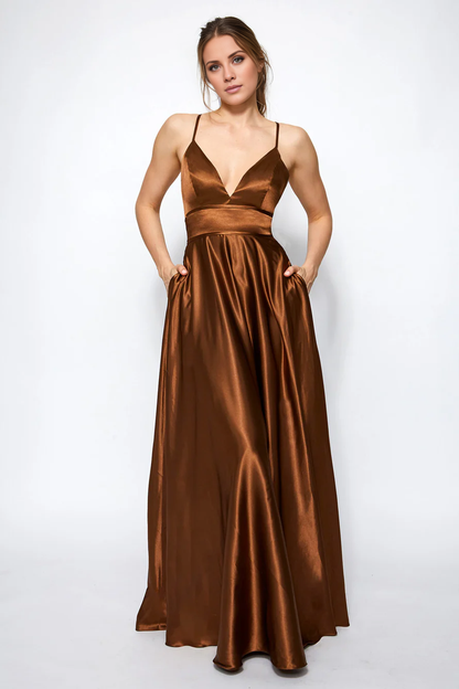 V collar off shoulder sleeveless thin shoulder strap backless and floor length Prom dress