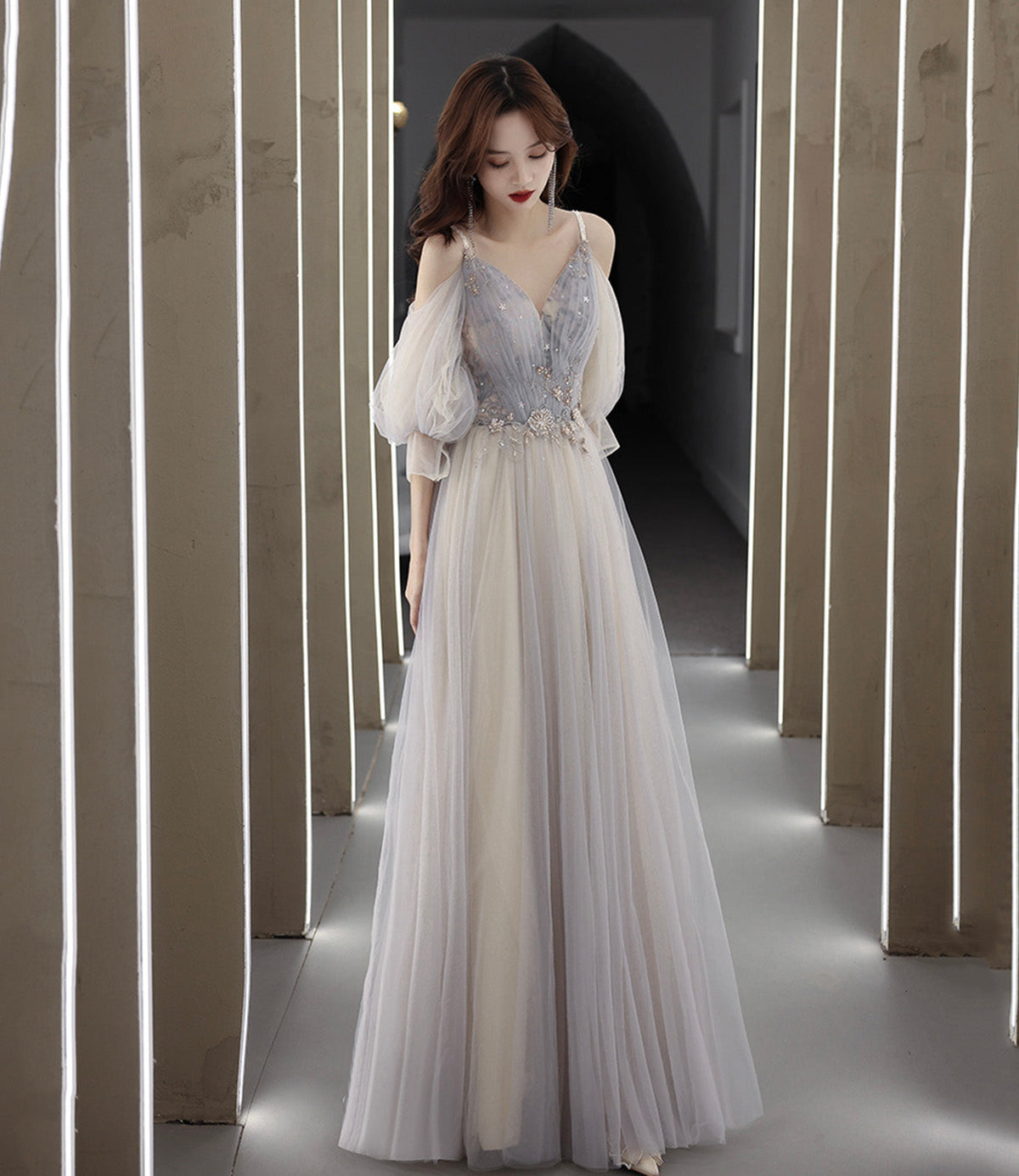 Cute tulle lace A line prom dress lace evening dress  10560
