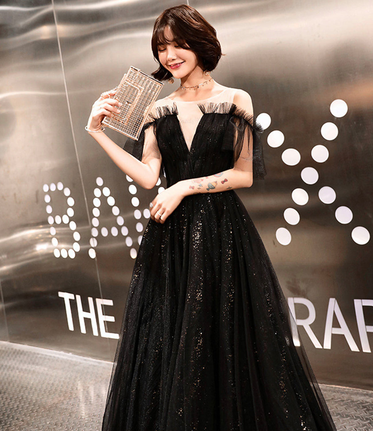 Black tulle long prom dress A line evening dress  10317
