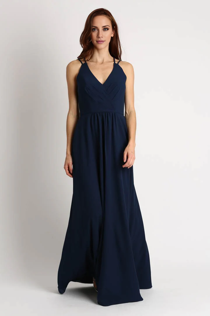 V collar off shoulder sleeveless thin shoulder strap backless and floor length evening dress