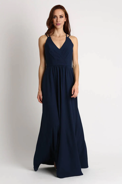 V collar off shoulder sleeveless thin shoulder strap backless and floor length evening dress