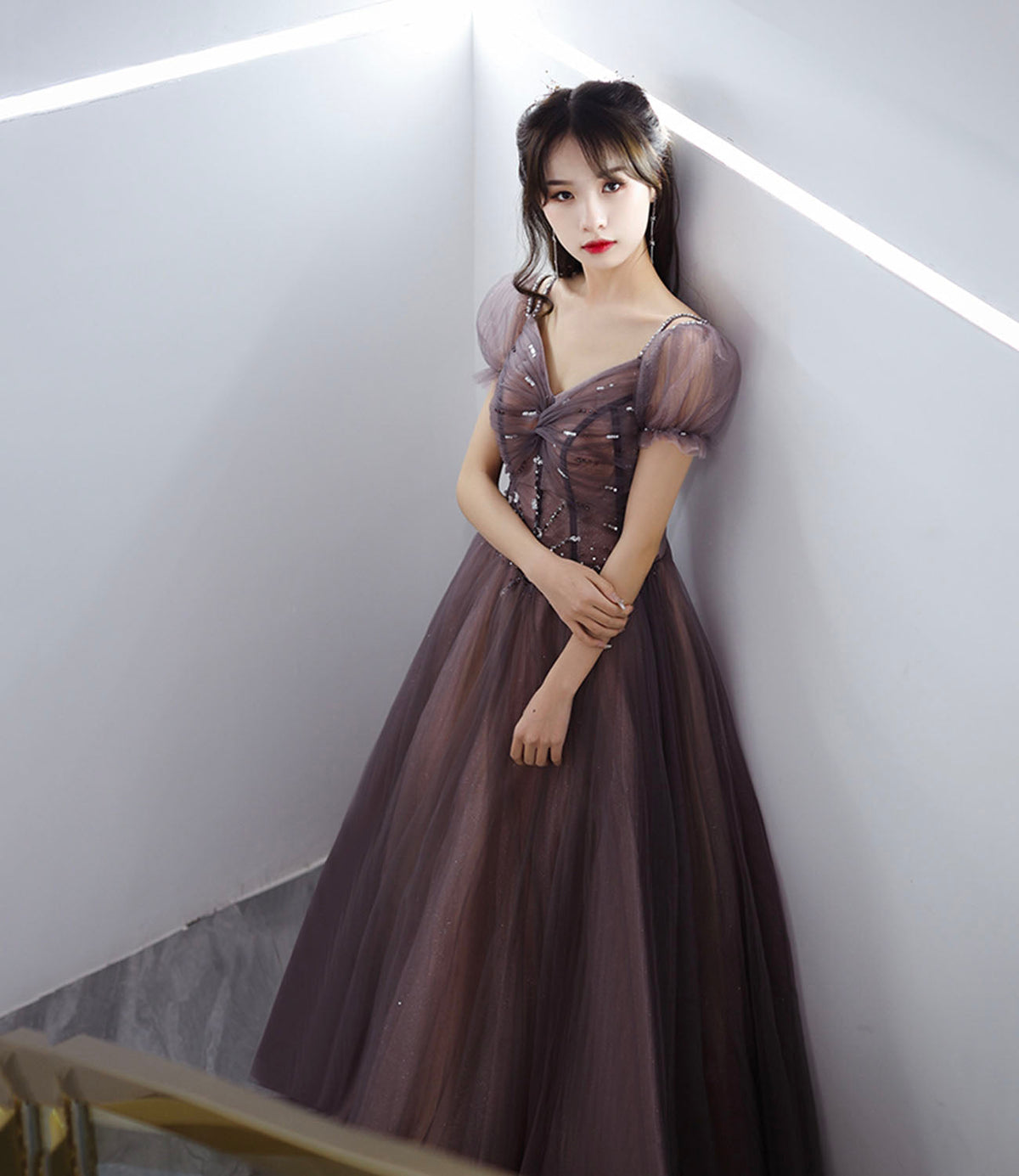 Cute tulle long prom dress A line evening gown  10280