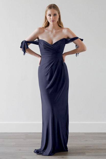 off shoulder collar strapless backless and floor length evening dress