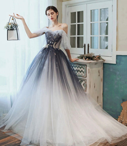 Blue tulle sequins long prom dress A line evening dress  10401