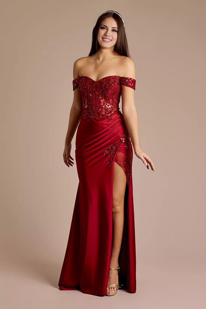 Sequin Applique Satin Off-Shoulder Sheath Dress