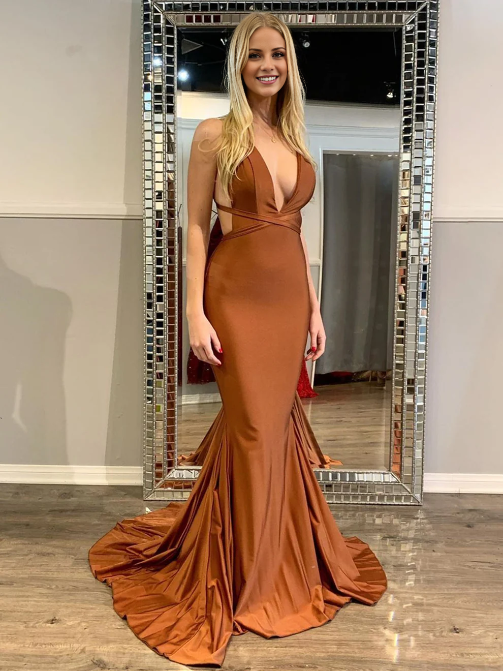 sexy long mermaid V-neck satin backless graduation formal prom dress