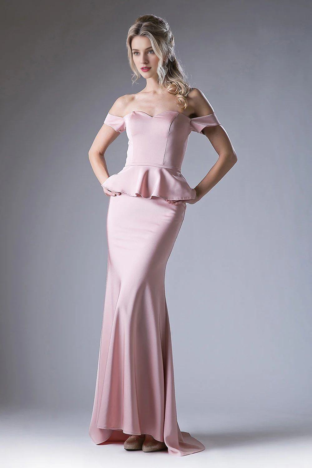 Long off shoulder ruffled fish tail dress