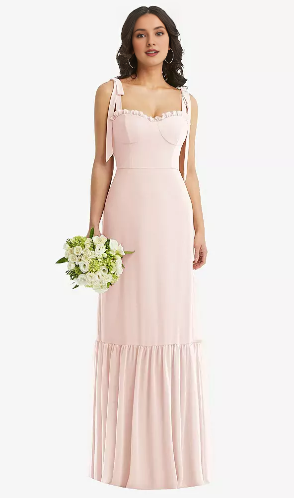 Shoulder tie tight corset ruffled hem Prom dress