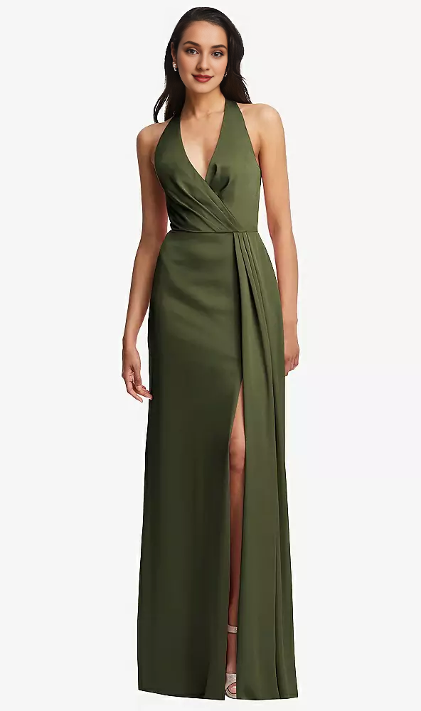 Pleated V-neck back slit horn and floor length Prom dress