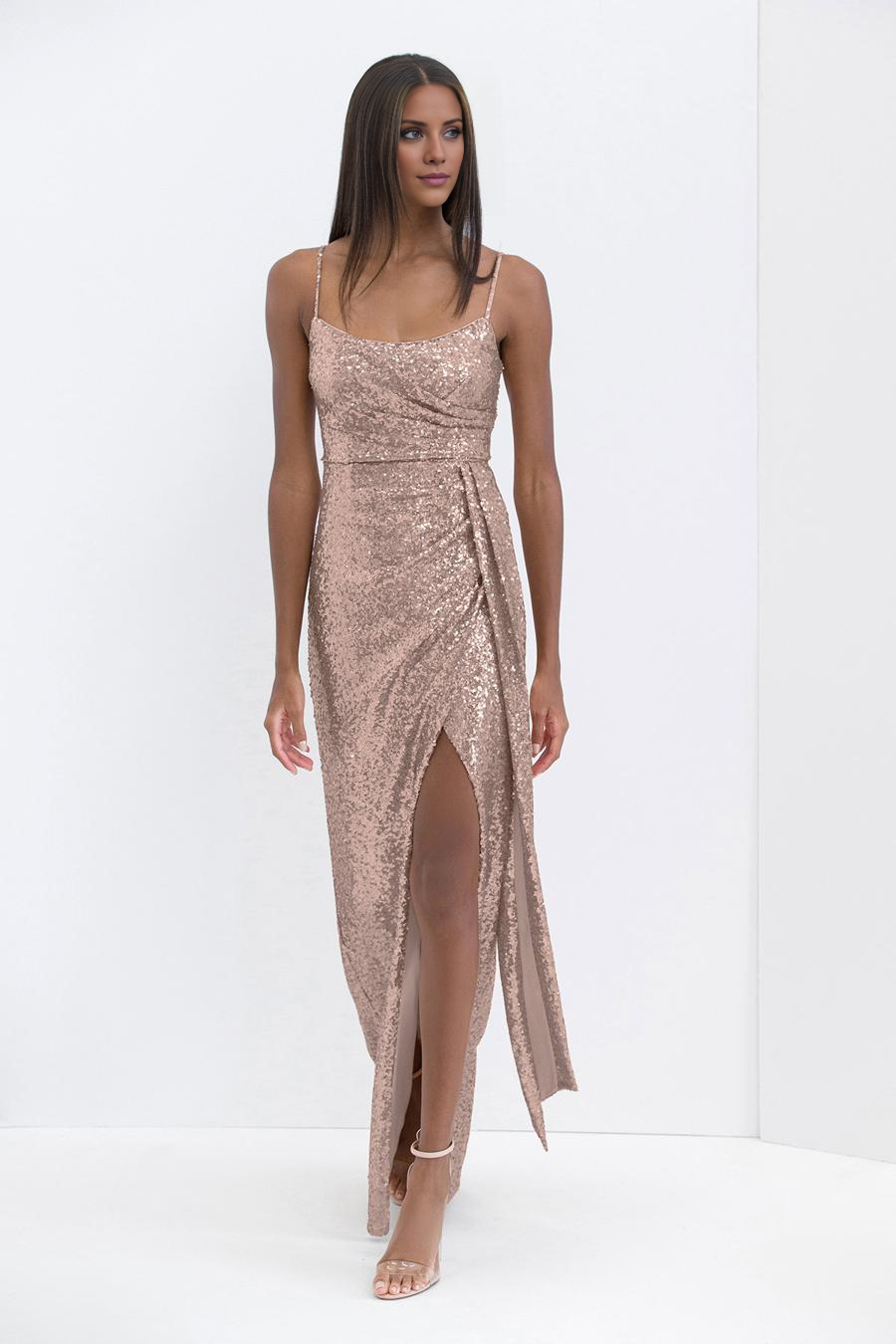 square neckline thin shoulder straps sequins side slits and floor length evening dress