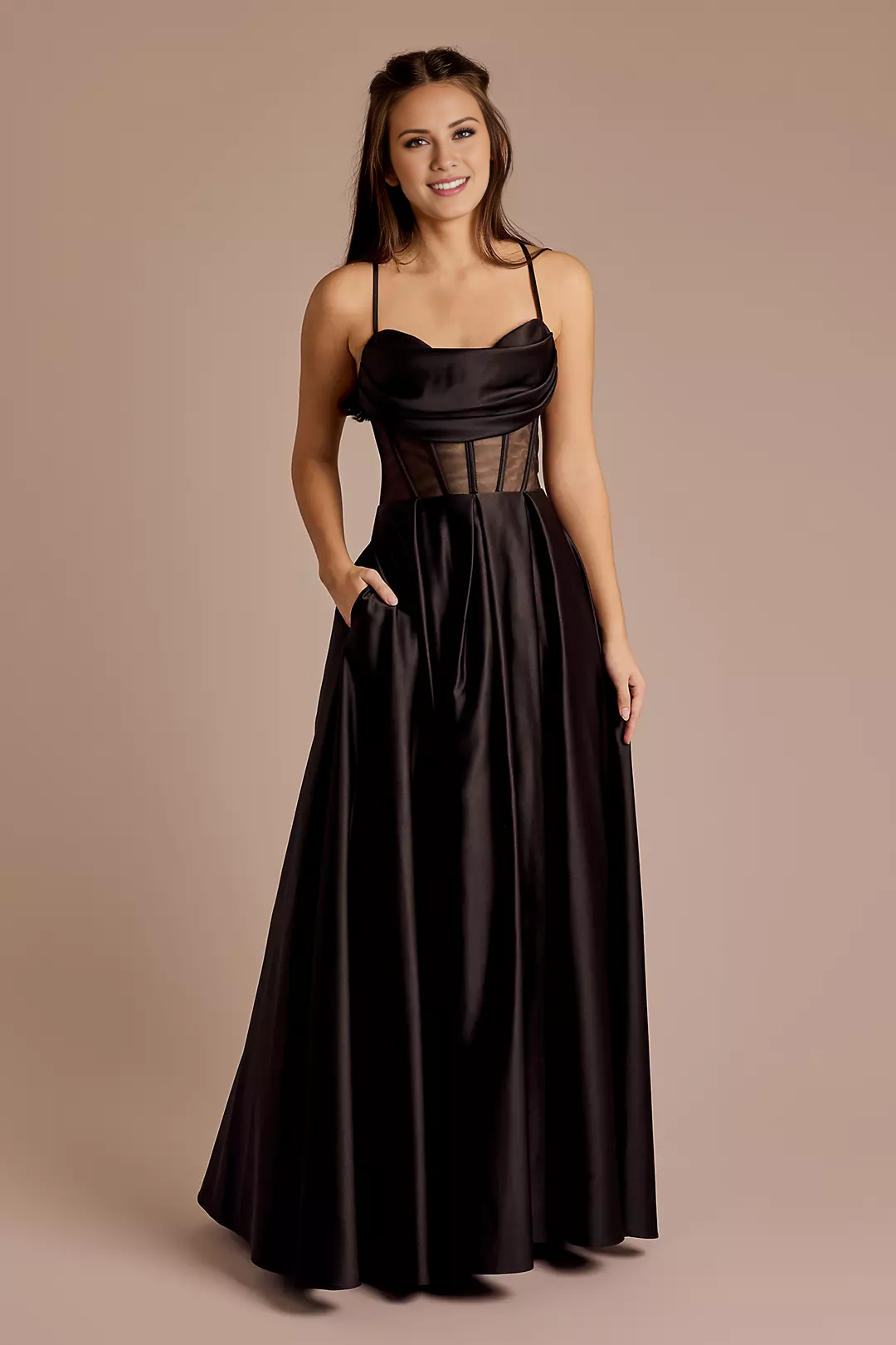 A-line scarf collar satin thin shoulder strap backless and floor length Prom dress