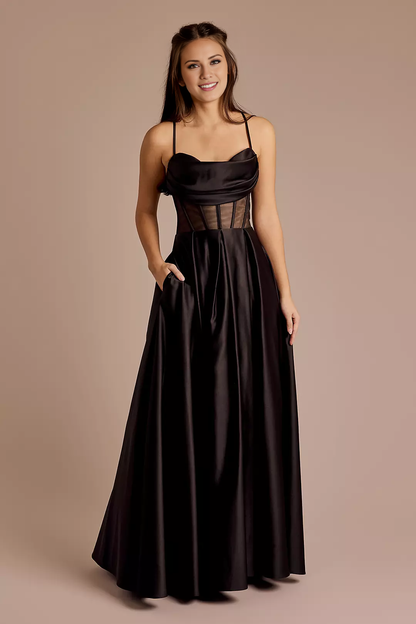 A-line scarf collar satin thin shoulder strap backless and floor length Prom dress