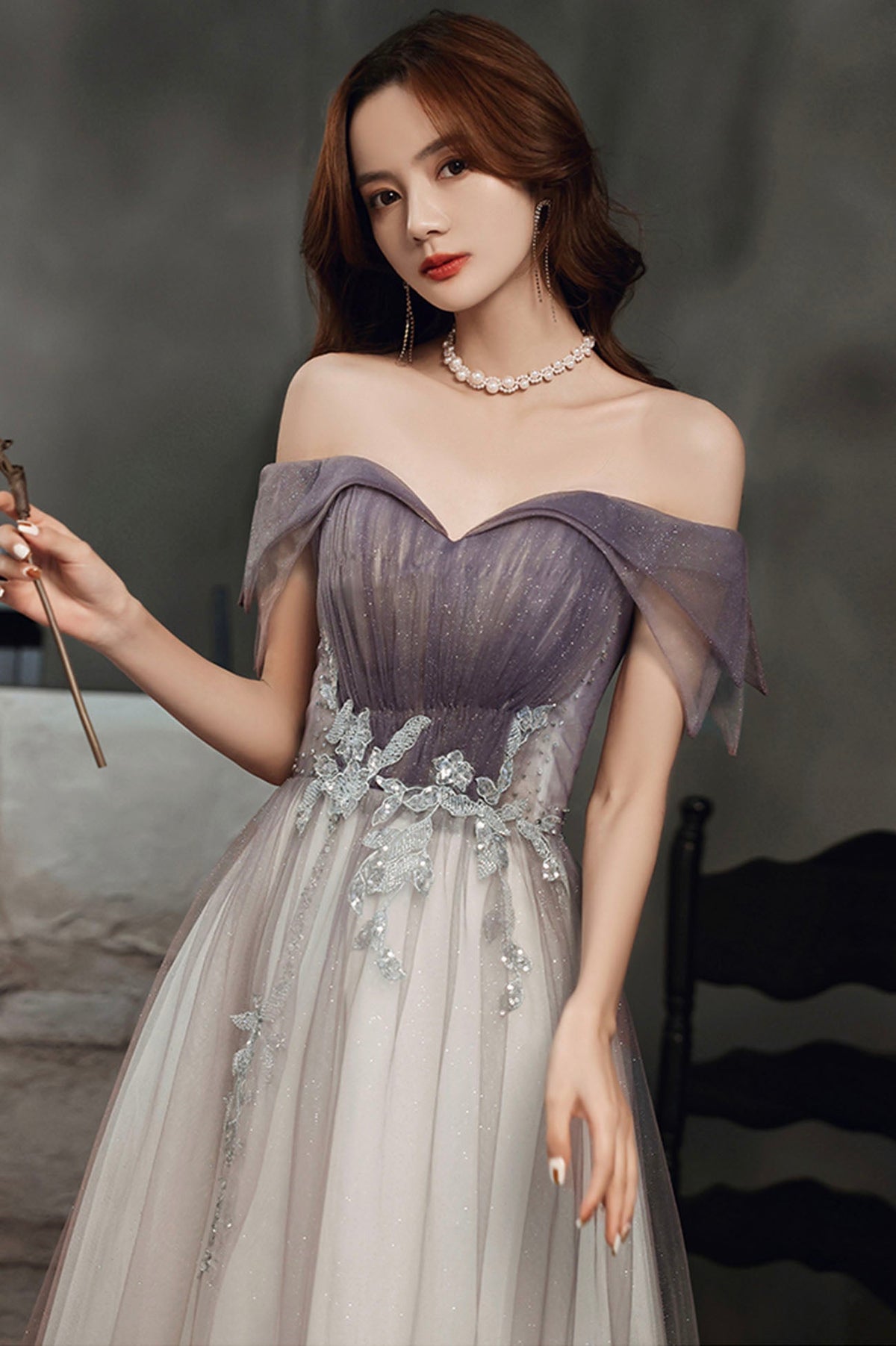 Purple tulle sequins long prom dress A line evening dress  10644