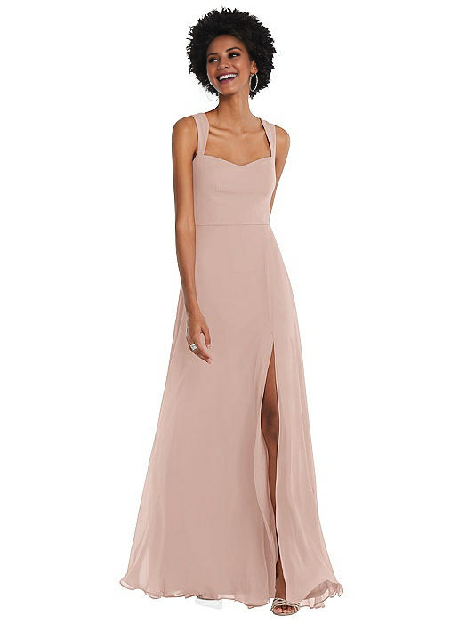 square neckline off shoulder sleeveless backless side slit and floor length Prom dress