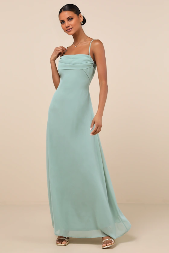 square neckline off shoulder sleeveless thin shoulder strap off back and floor length evening dress