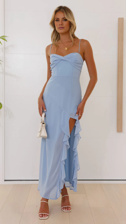 slim shoulder strap with side split lotus leaf edge design Prom dress