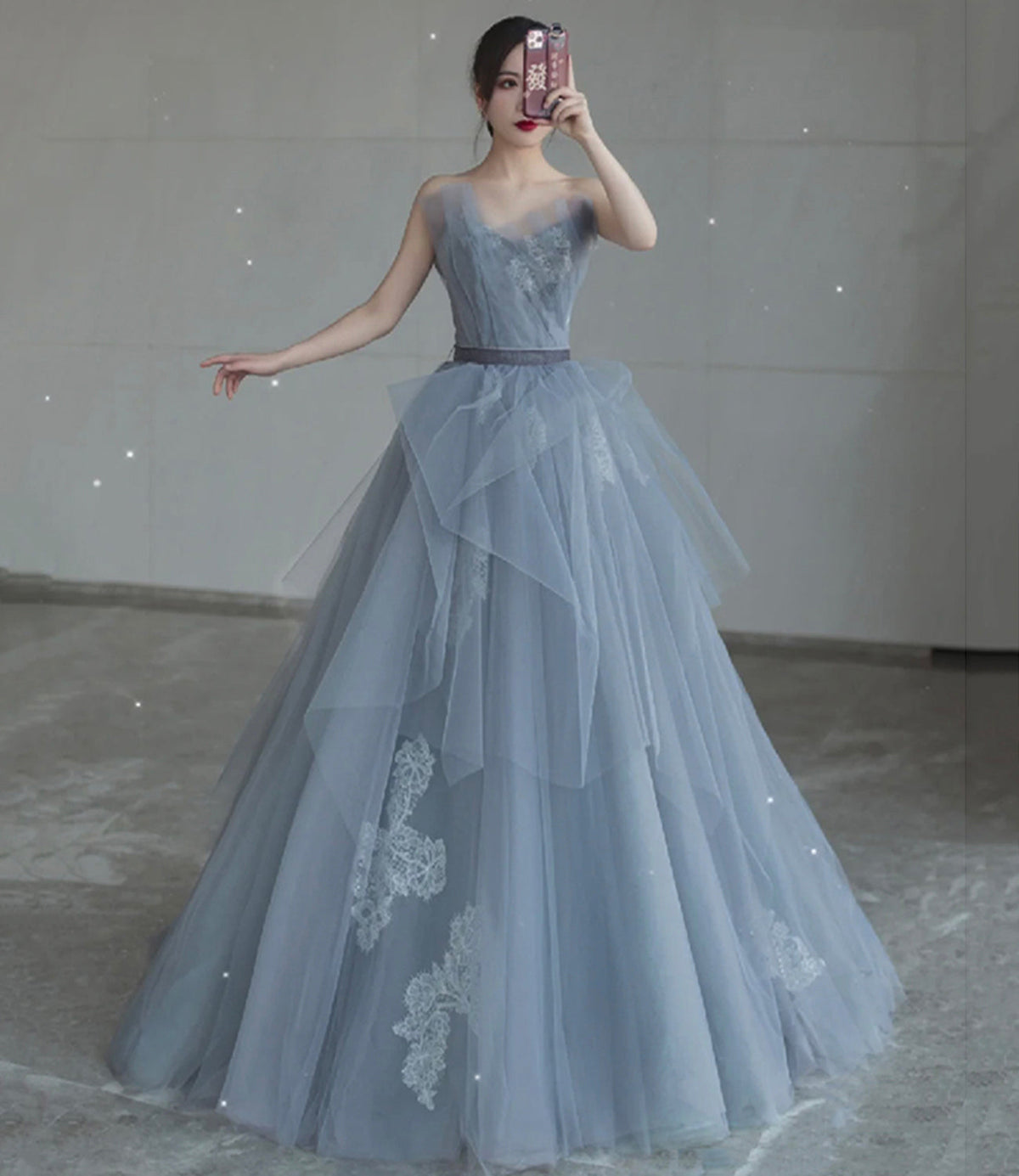 Gray tulle lace long A line prom dress evening dress  8682