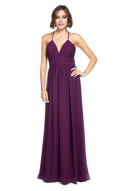 V collar off shoulder sleeveless thin shoulder strap backless and floor length Prom dress