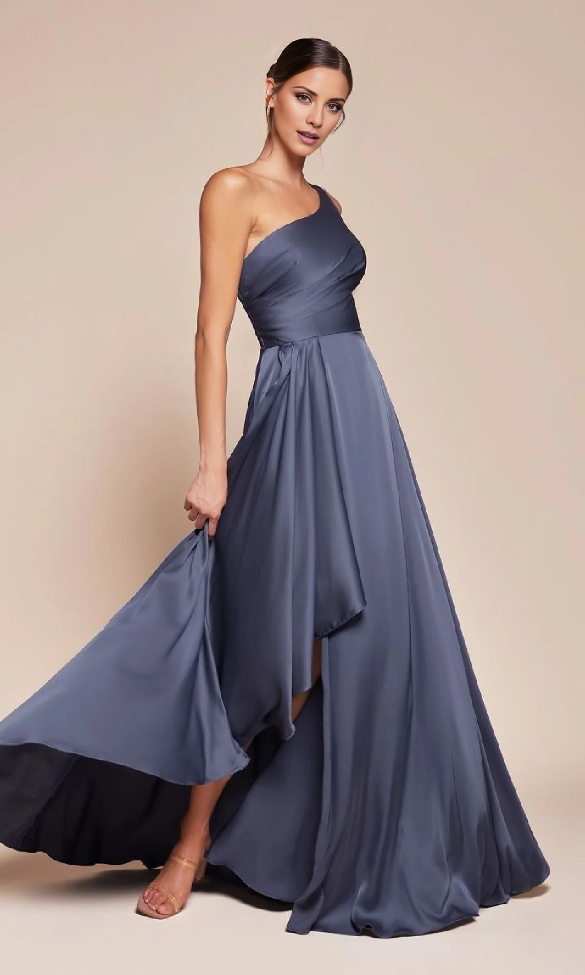 A-line satin single shoulder long side slit and floor length evening dress