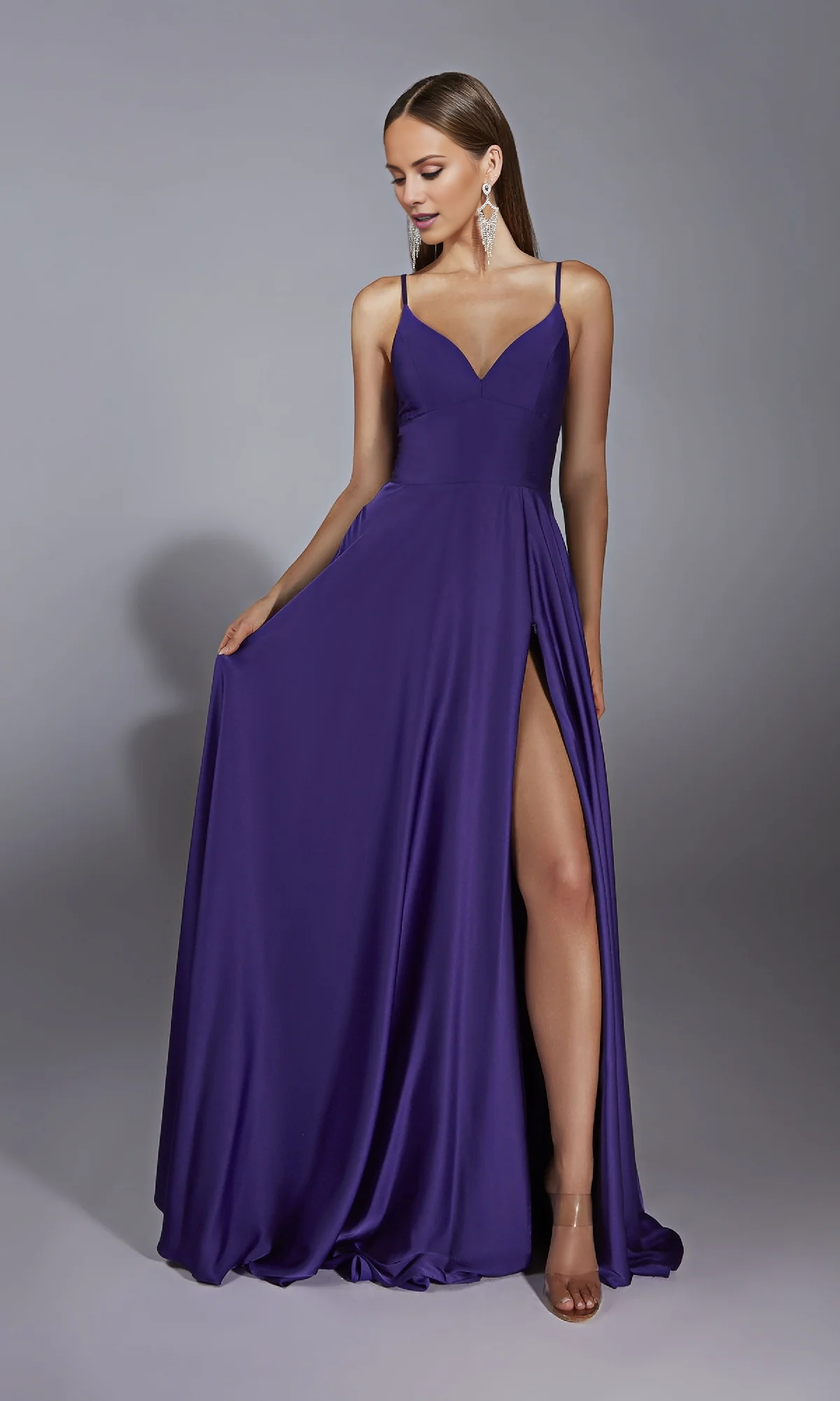 V-neck slim shoulder strap with backless side slit and floor length evening dress