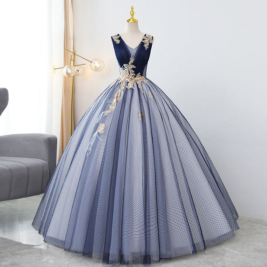 Blue v neck sequins long ball gown dress formal dress  8913