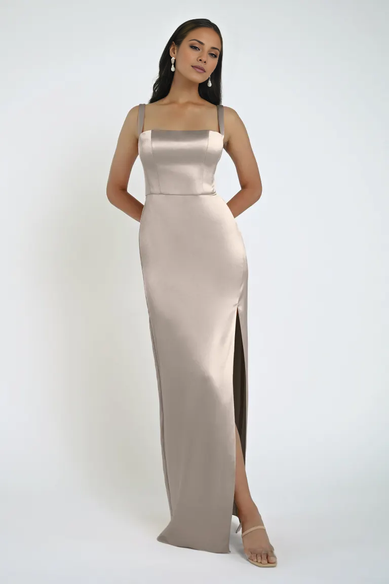 square neckline sleeveless backless side slit and floor length Prom dress