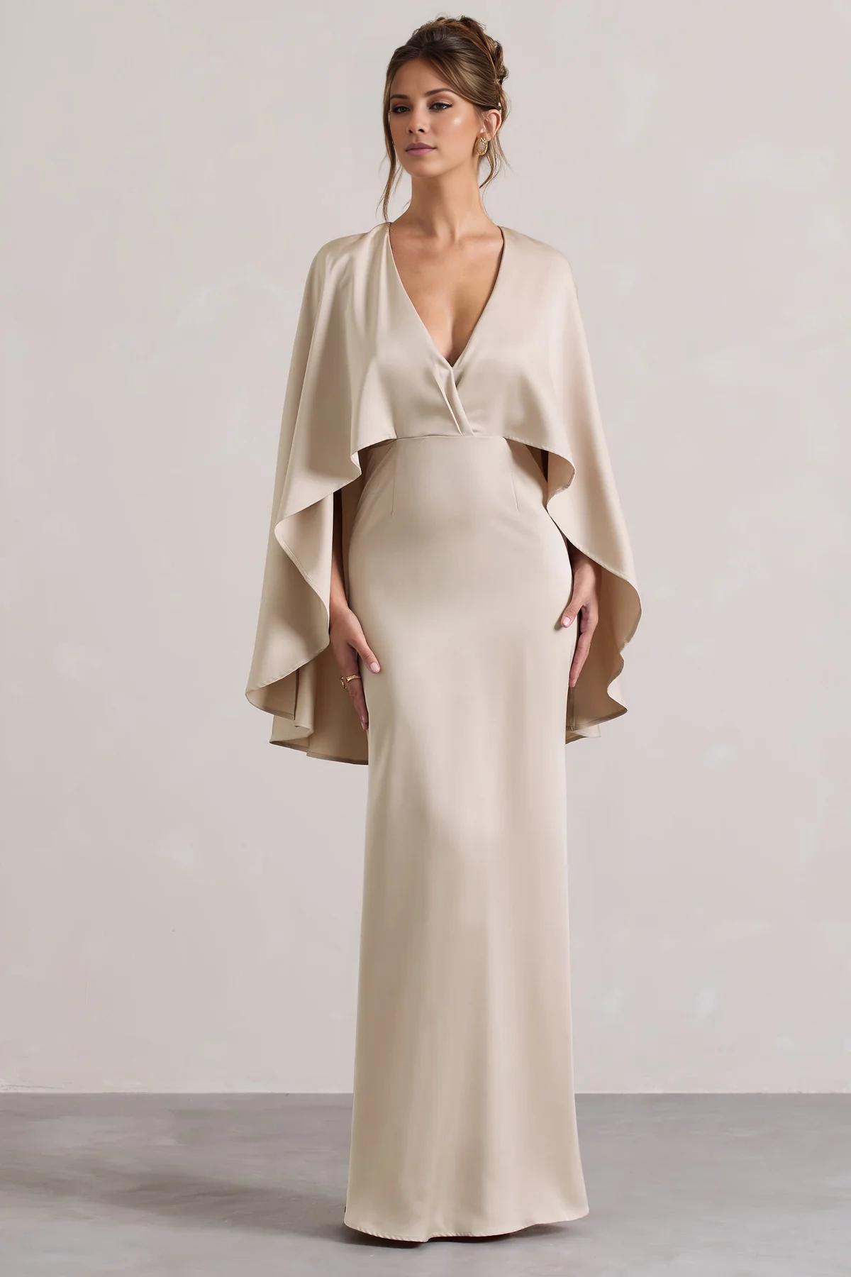 Cloak sleeves satin deep V-neck and floor length evening dress - dress
