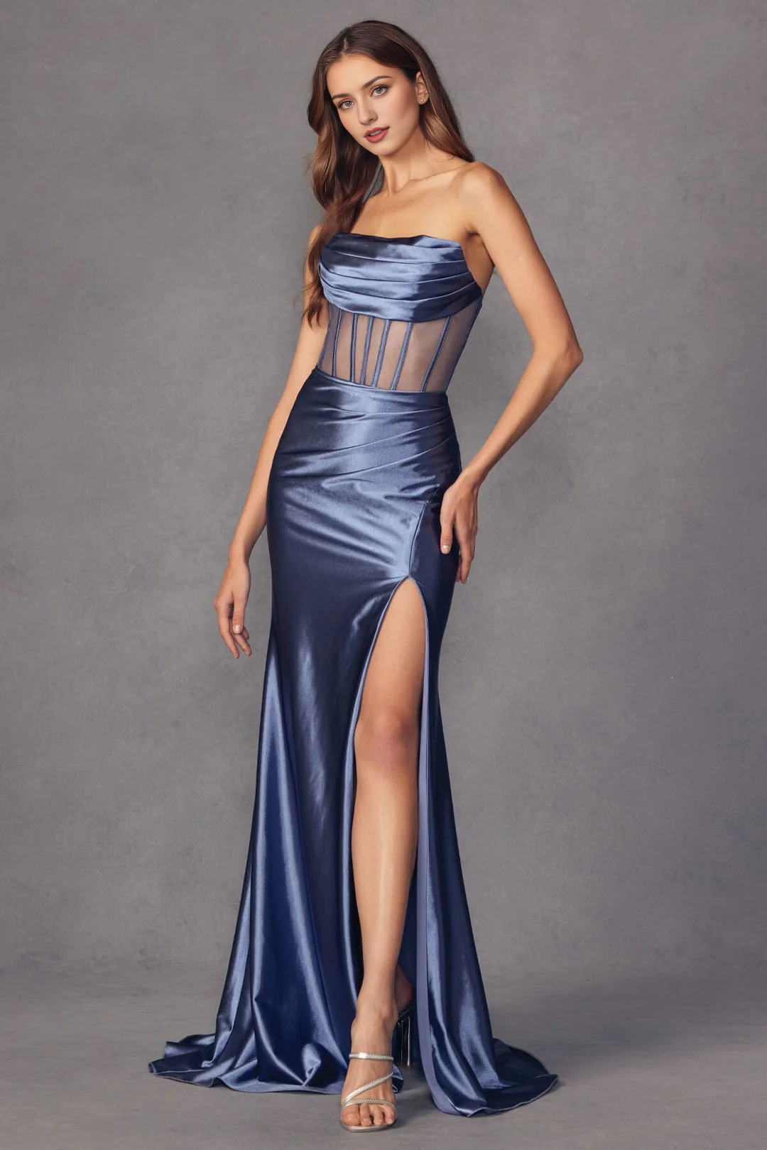 Wrinkled long dress with slit skirt strapless transparent tight corset dress
