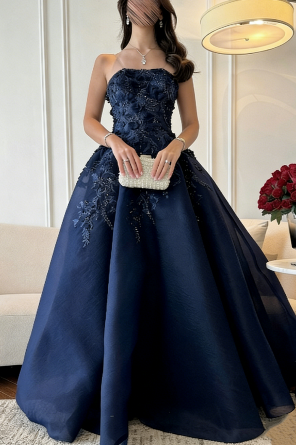 Navy Blue Strapless Ball Gown with 3D Floral Appliques & Beading, Floor-Length Prom Dress for Formal Wedding & Evening Events gh7098