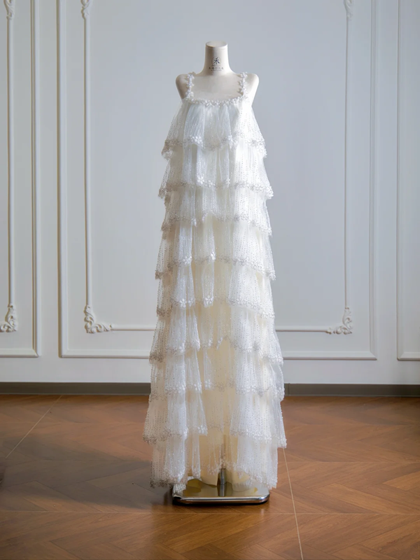 White halter-neck cake skirt long ball gown R8139