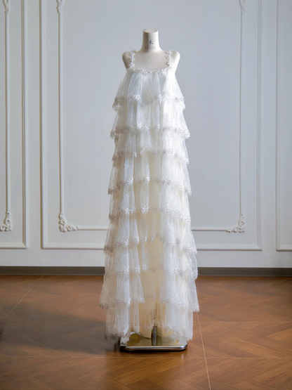 White halter-neck cake skirt long ball gown R8139