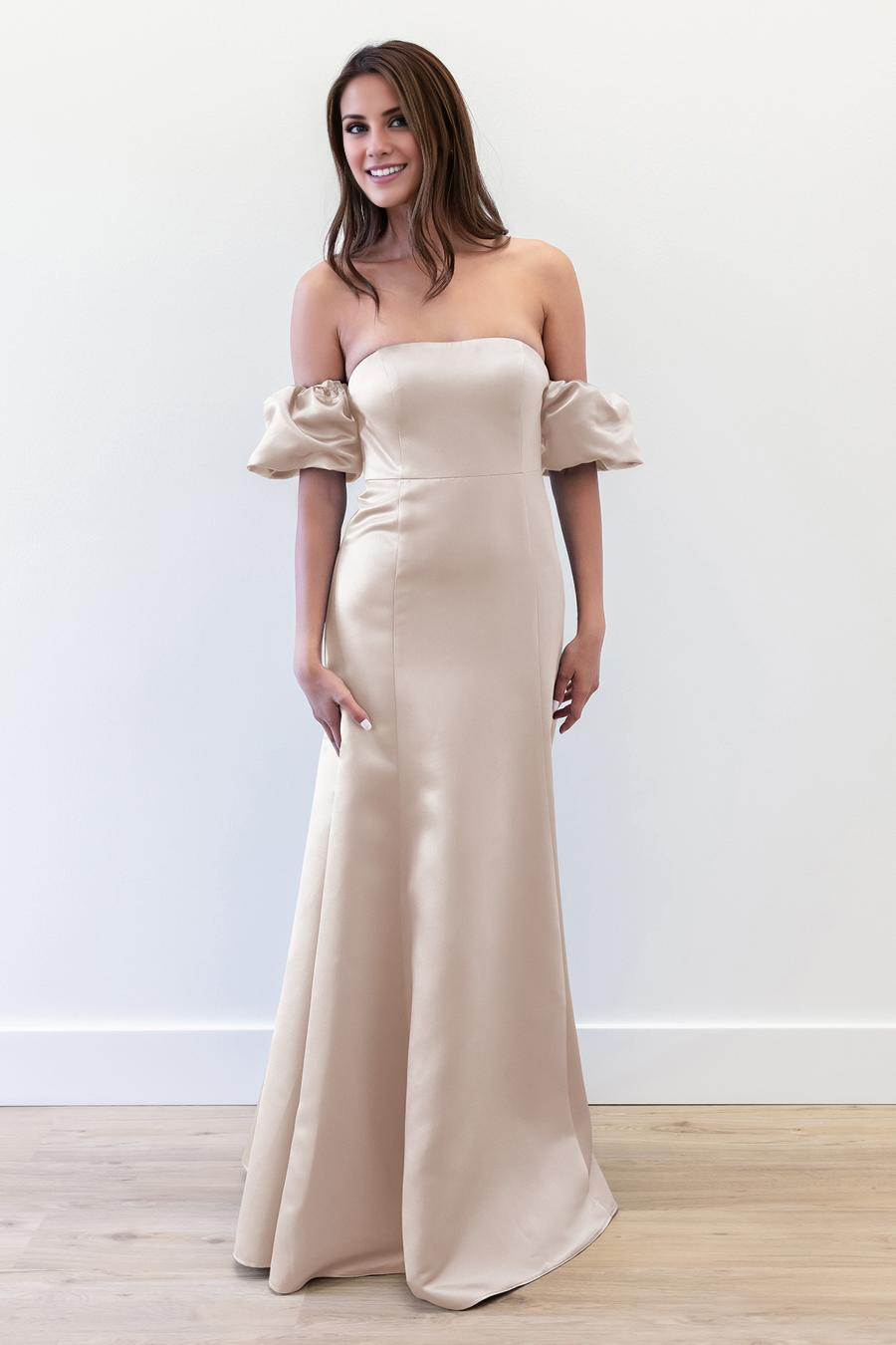 off shoulder collar bubble sleeves button up back backless and floor length evening dress