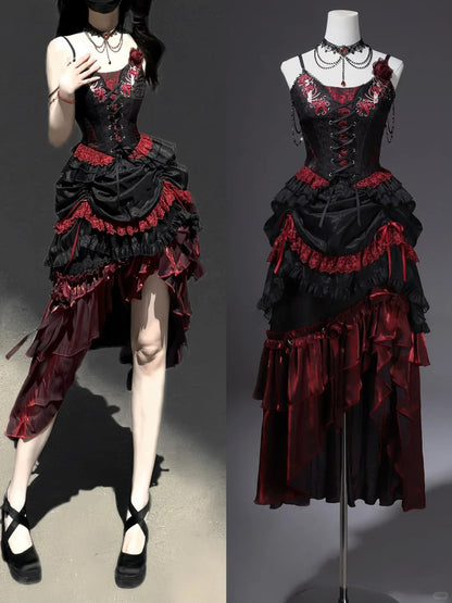 Girlhomeshops-Black red elegant long corset tulle prom dress evening gown gh5345