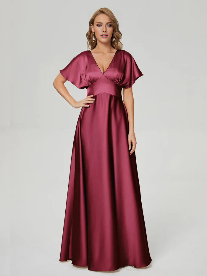 V-neck short sleeved and floor length Prom dress
