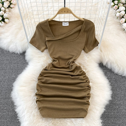 Design sense long sleeve slim fit wrinkled short Hip Wrap Dress  11038