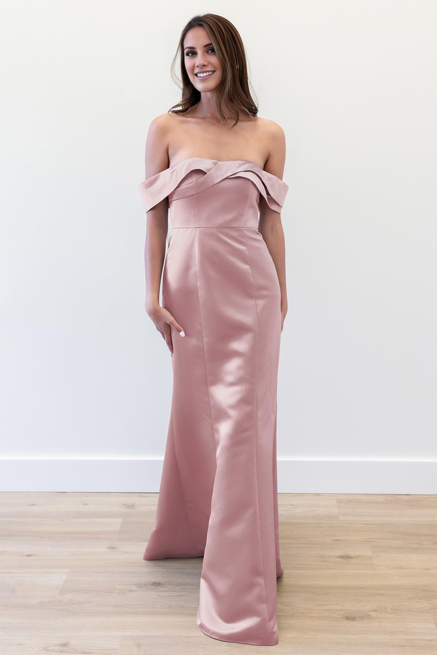 off shoulder collar sleeveless pleated detail backless and floor length evening dress
