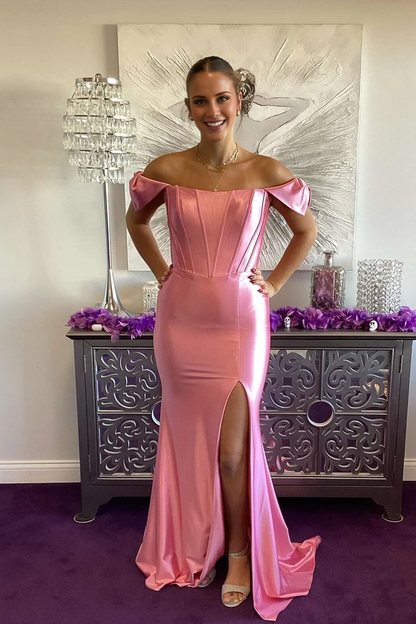 off shoulder pink slit fish tail Prom dress