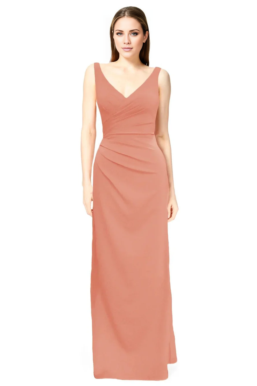 V collar off shoulder sleeveless pleated details and floor length evening dress