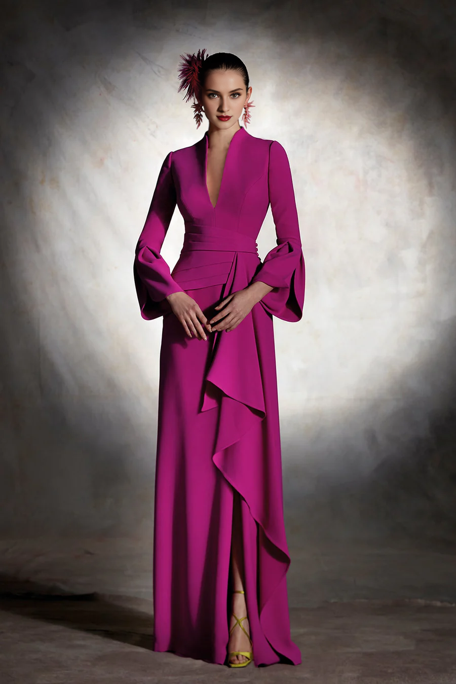 Side ruffled crepe and ground length gown evening dresses