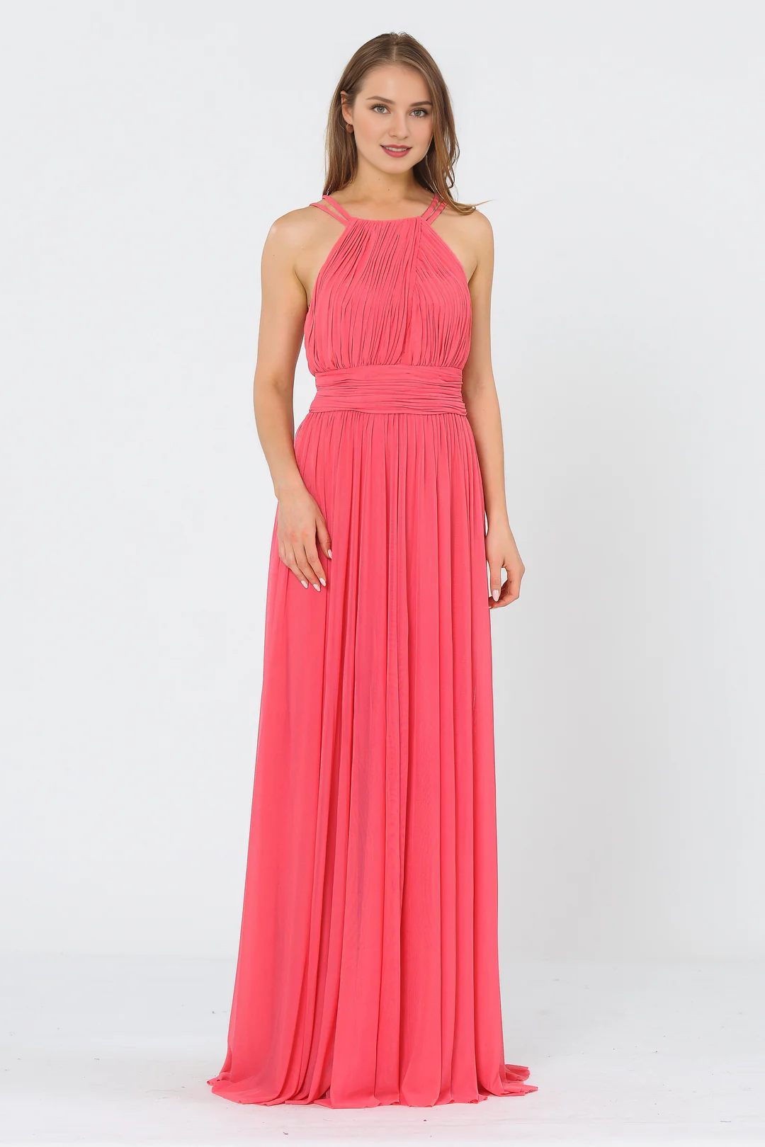 A-line pleated neck hanging long dress